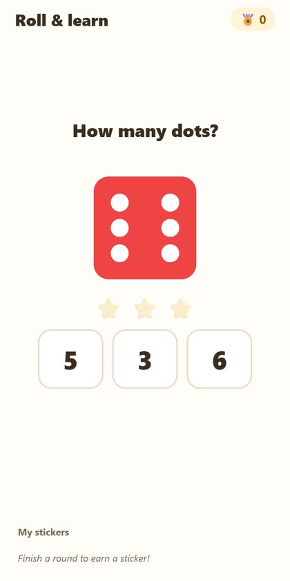 Roll & Learn: a red die and the question 'How many dots?'