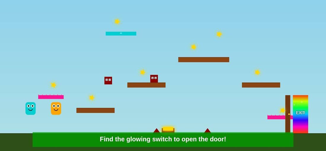 Star Switch gameplay: two characters, platforms, stars and a rainbow exit