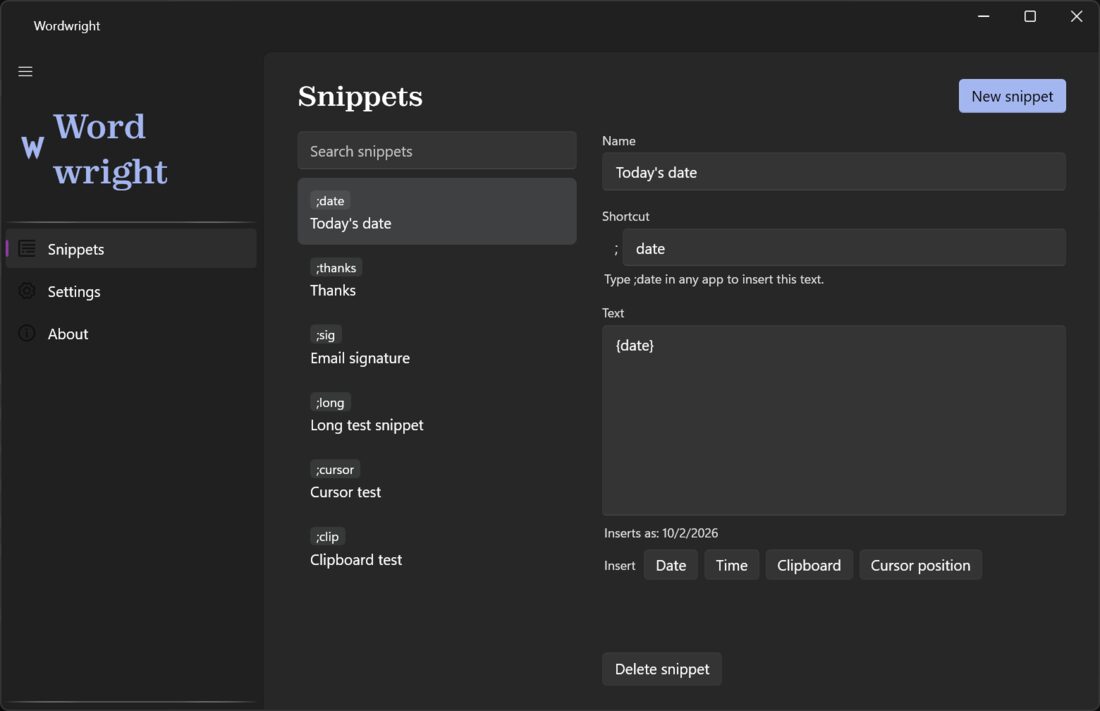 Wordwright's Snippets page: a list of shortcuts and the snippet editor